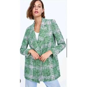 Zara plaid tweed green blazer oversize S NwT